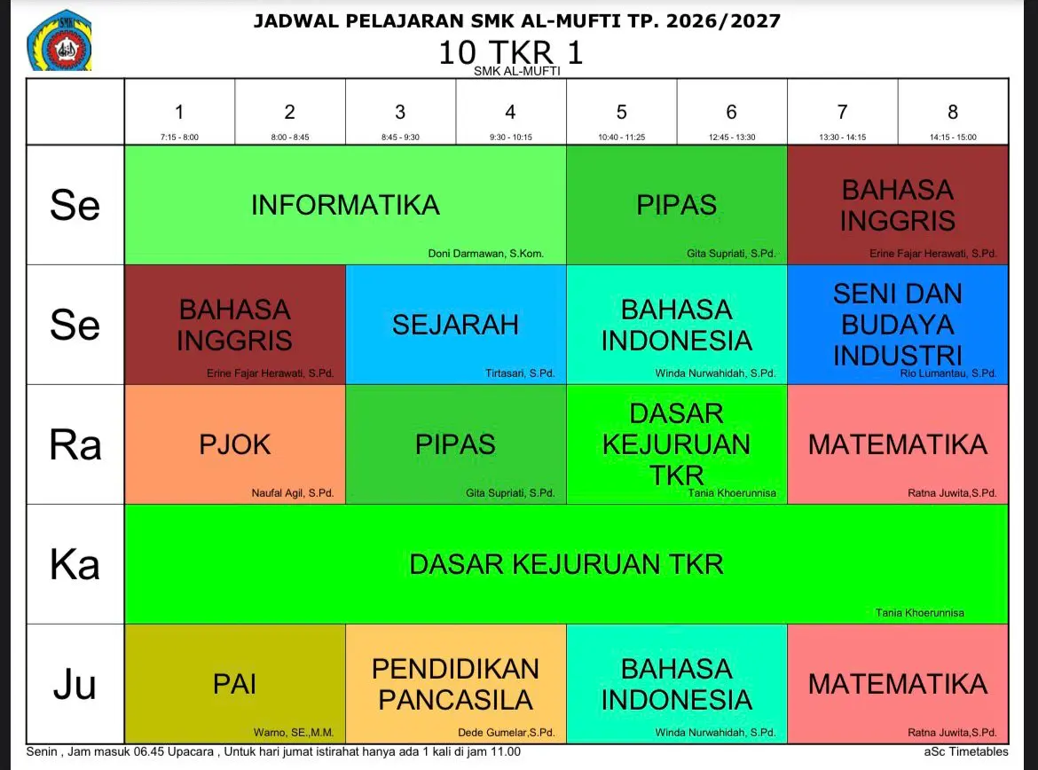 Jadwal pelajaran asli kelas 10 TKR 1 tahun 2026/2027